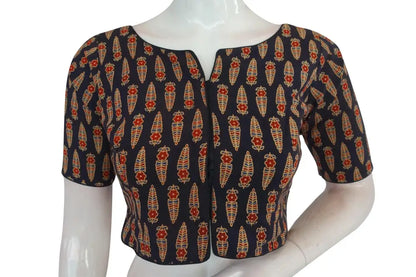 Black Color Ajrakh Boat Neck Cotton Readymade Blouse, Indian Designer Blouse - D3blouses