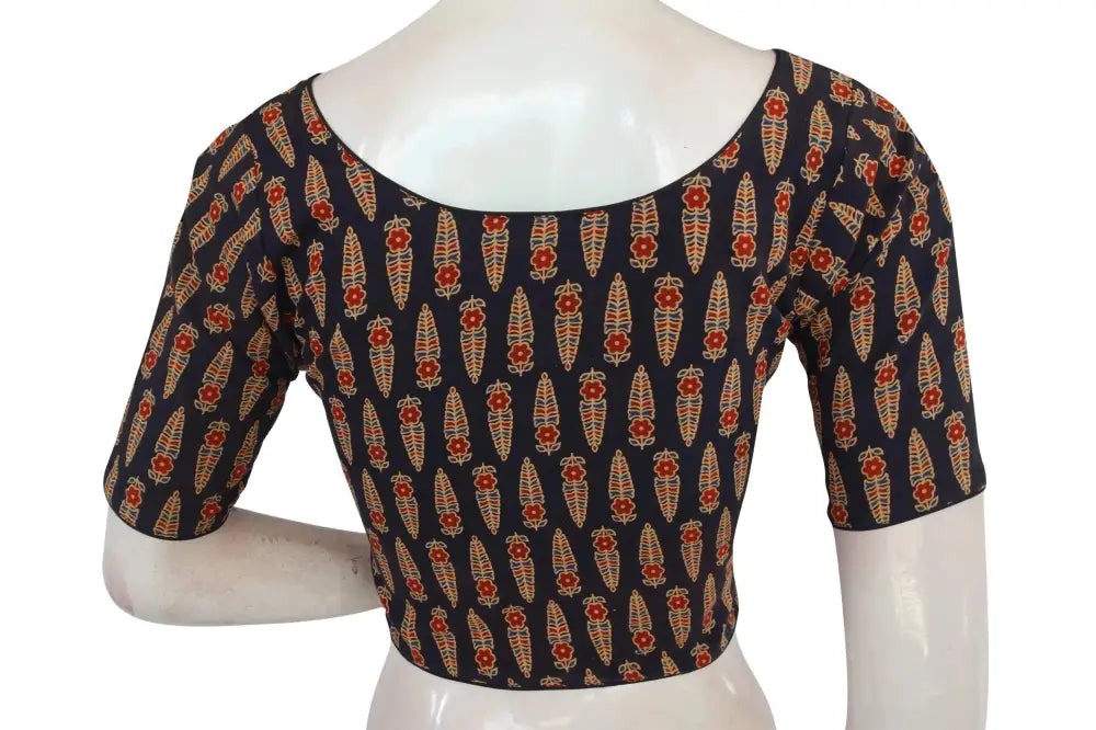Black Color Ajrakh Boat Neck Cotton Readymade Blouse, Indian Designer Blouse - D3blouses