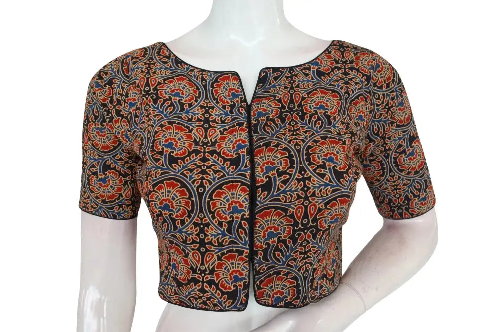 Black Color Ajrakh Boat Neck Cotton Readymade Blouse, Indian Summer Wear for Sale - D3blouses
