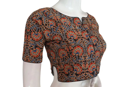 Black Color Ajrakh Boat Neck Cotton Readymade Blouse, Indian Summer Wear for Sale - D3blouses