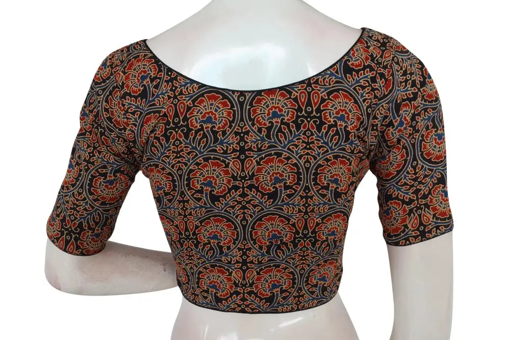 Black Color Ajrakh Boat Neck Cotton Readymade Blouse, Indian Summer Wear for Sale - D3blouses