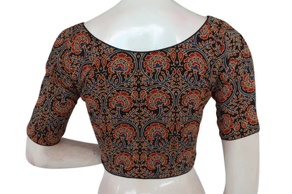 Black Color Ajrakh Boat Neck Cotton Readymade Blouse, Indian Summer Wear for Sale - D3blouses