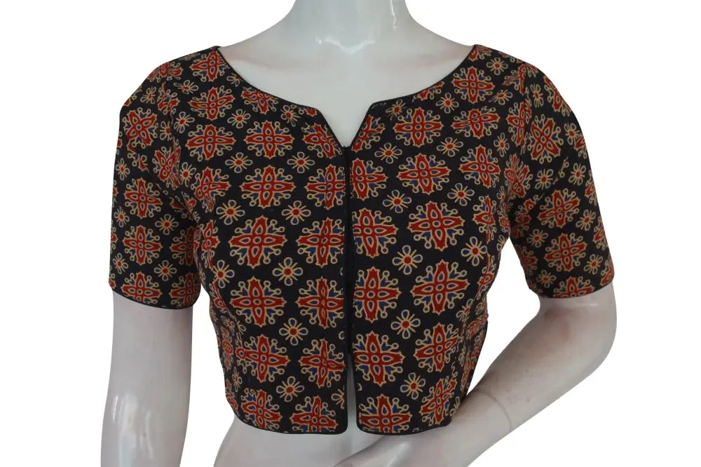 Black Color Ajrakh Boat Neck Cotton Readymade Blouse, Summer Collection Online - D3blouses
