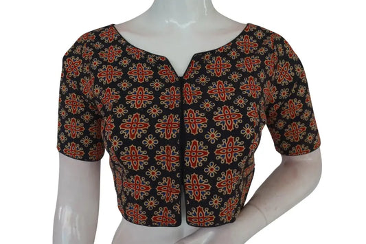 Black Color Ajrakh Boat Neck Cotton Readymade Blouse, Summer Collection Online - D3blouses