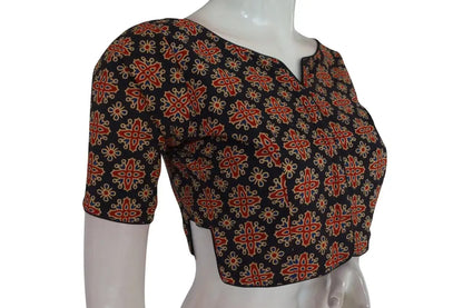 Black Color Ajrakh Boat Neck Cotton Readymade Blouse, Summer Collection Online - D3blouses
