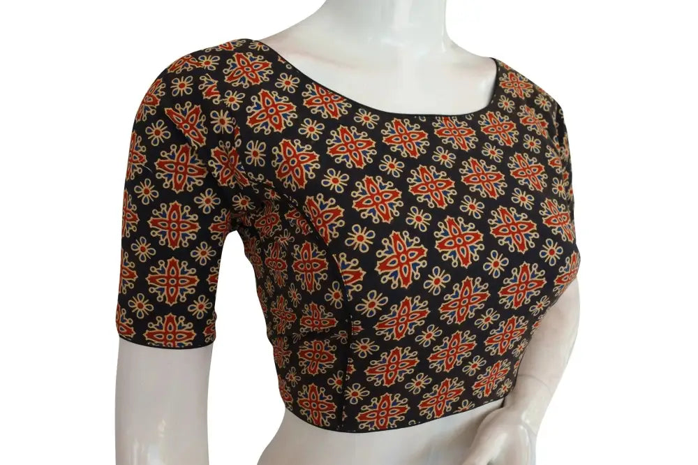 Black Color Ajrakh Cotton Boat Neck Saree Designer Blouse, Summer Collection Online - D3blouses