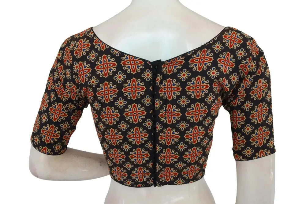 Black Color Ajrakh Cotton Boat Neck Saree Designer Blouse, Summer Collection Online - D3blouses