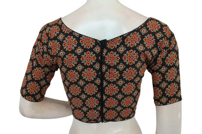 Black Color Ajrakh Cotton Boat Neck Saree Designer Blouse, Summer Collection Online - D3blouses