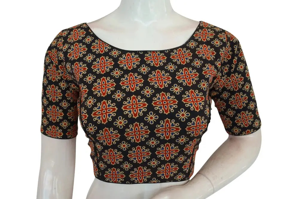 Black Color Ajrakh Cotton Boat Neck Saree Designer Blouse, Summer Collection Online - D3blouses