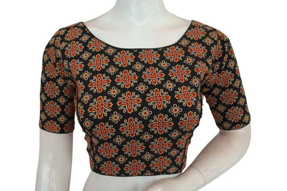 Black Color Ajrakh Cotton Boat Neck Saree Designer Blouse, Summer Collection Online - D3blouses