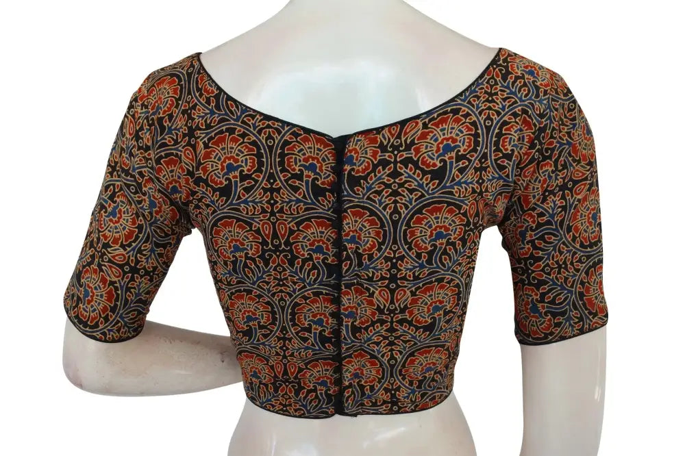 Black Color Ajrakh Cotton Boat Neck Saree Designer, Designer Cotton Collection Blouse - D3blouses
