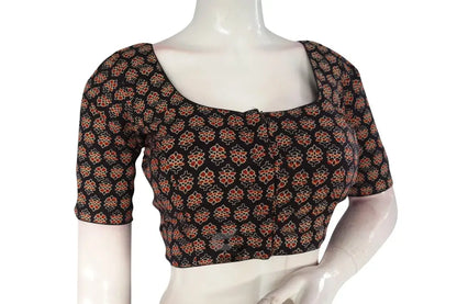 Black color Ajrakh Cotton Readymade Saree Blouse, Indian Cotton Choli Top - D3blouses