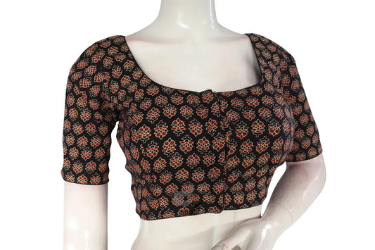 Black color Ajrakh Cotton Readymade Saree Blouse, Indian Cotton Choli Top - D3blouses