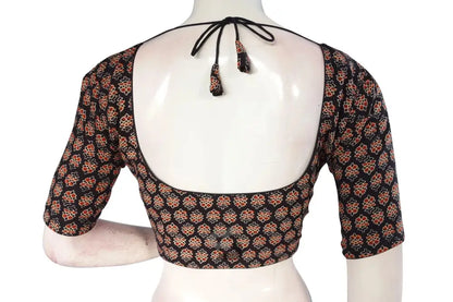 Black color Ajrakh Cotton Readymade Saree Blouse, Indian Cotton Choli Top - D3blouses