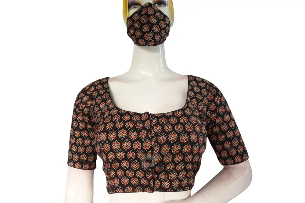 Black color Ajrakh Cotton Readymade Saree Blouse, Indian Cotton Choli Top - D3blouses