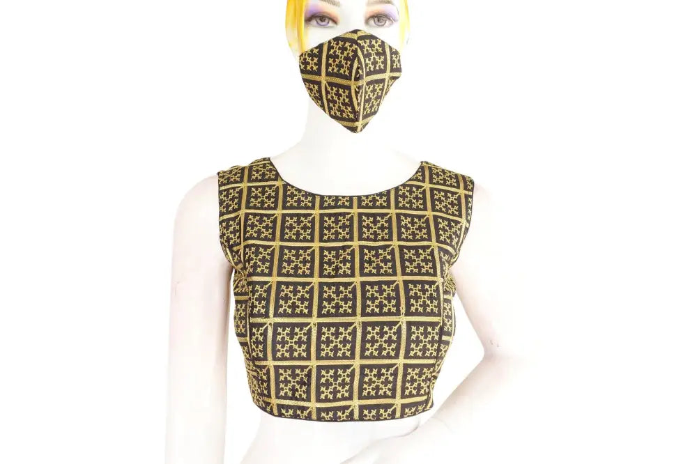 Black Color Banaras Brocade Silk Readymade Blouse with Matching Mask - D3blouses