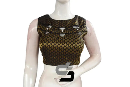 Black Color Boat Neck Brocade silk Readymade saree blouse, Indian Readymade blouse, Crop top, - D3blouses