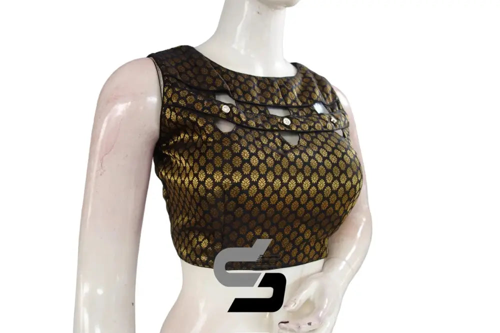 Black Color Boat Neck Brocade silk Readymade saree blouse, Indian Readymade blouse, Crop top, - D3blouses