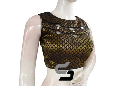 Black Color Boat Neck Brocade silk Readymade saree blouse, Indian Readymade blouse, Crop top, - D3blouses