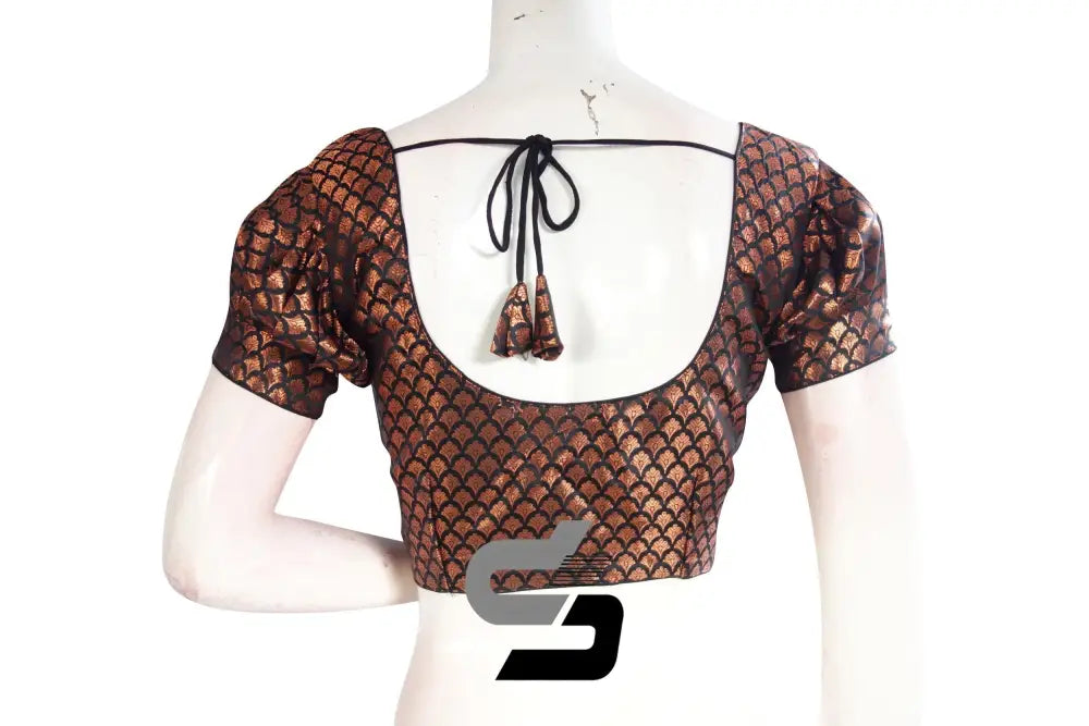 Black Color Brocade Puff Sleeves Readymade Saree Blouse - D3blouses