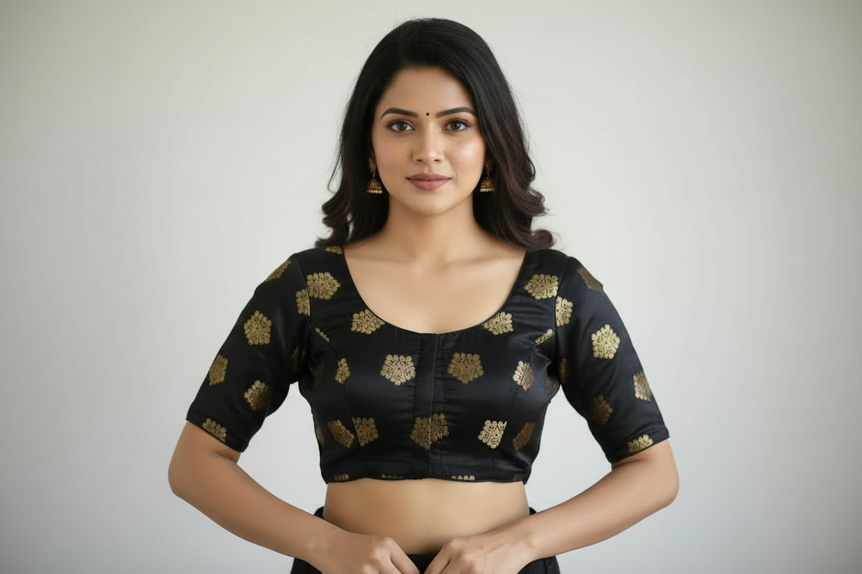 Front view of black brocade readymade saree blouse with princess cut fit