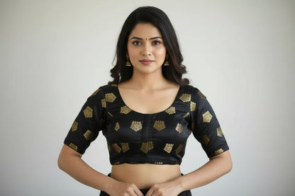 Front view of black brocade readymade saree blouse with princess cut fit