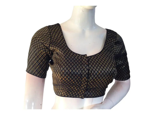 Black Color Brocade Readymade Saree Blouse, Indian Brocade Silk Readymade Blouses - D3blouses
