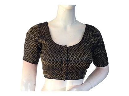 Black Color Brocade Readymade Saree Blouse, Indian Brocade Silk Readymade Blouses - D3blouses