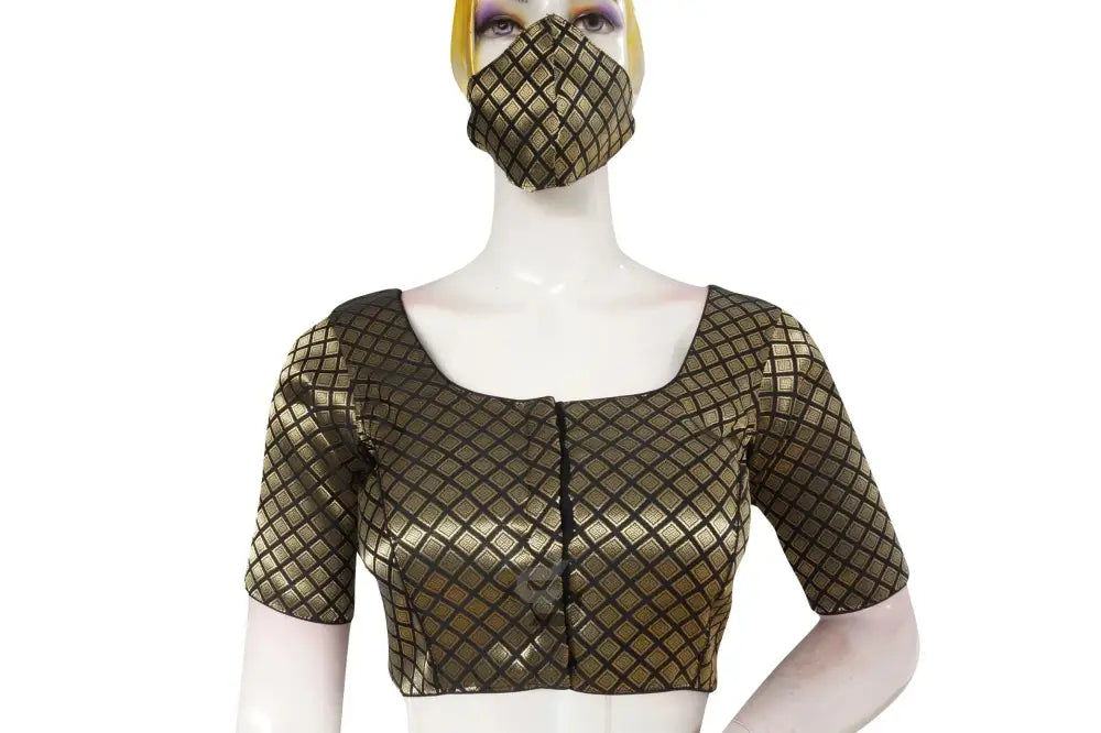 Black Color Brocade Readymade Saree Blouse With Matching Mask - D3blouses