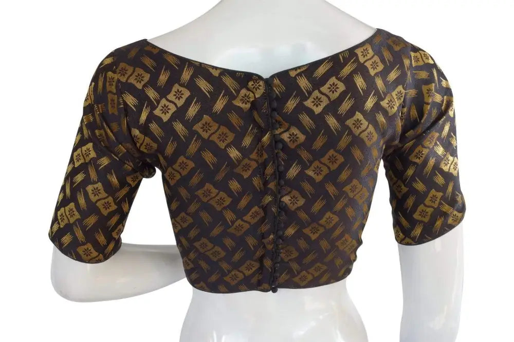 Black Color Brocade Silk Designer Boat Neck Ready-made saree blouse with Potli Button, Indian Silk saree Ready-made blouse - D3blouses
