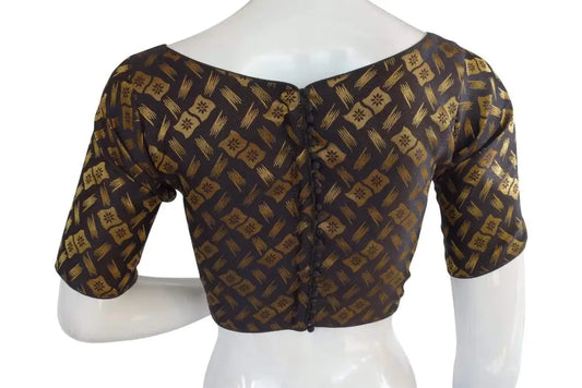 Black Color Brocade Silk Designer Boat Neck Ready-made saree blouse with Potli Button, Indian Silk saree Ready-made blouse - D3blouses