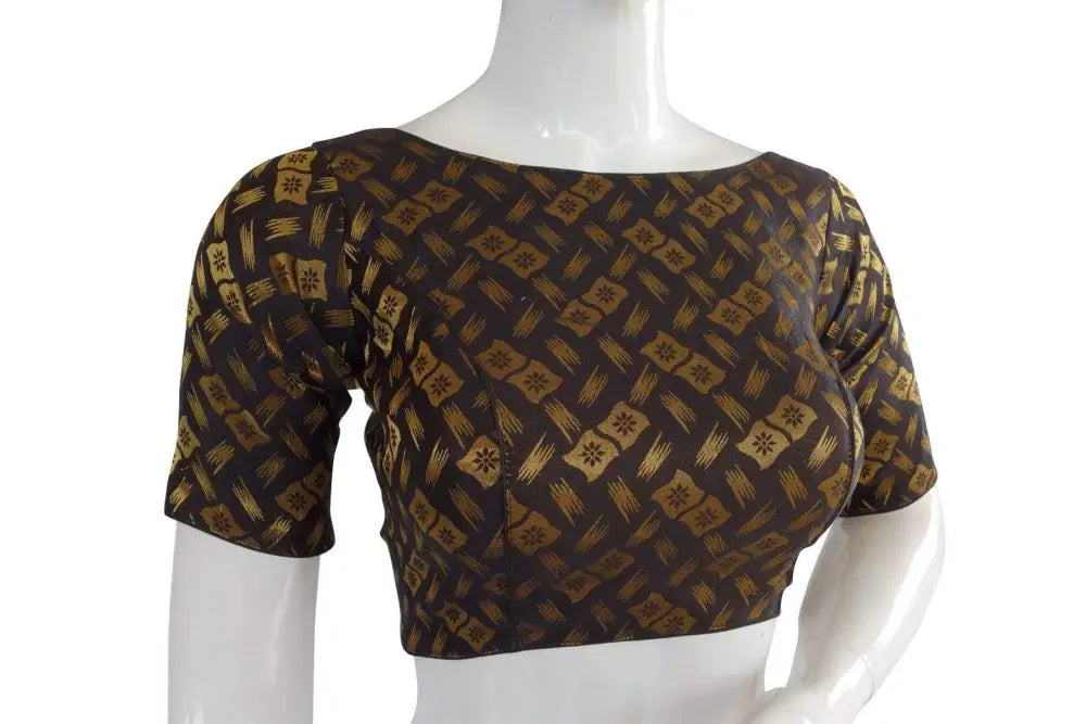 Black Color Brocade Silk Designer Boat Neck Ready-made saree blouse with Potli Button, Indian Silk saree Ready-made blouse - D3blouses