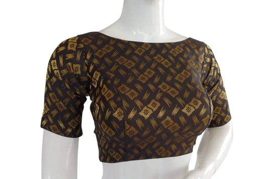 Black Color Brocade Silk Designer Boat Neck Ready-made saree blouse with Potli Button, Indian Silk saree Ready-made blouse - D3blouses