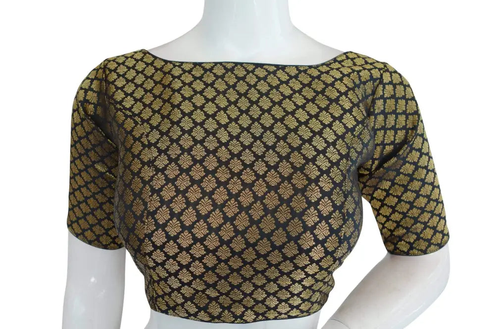 Black Color Brocade Silk Designer Boat Neck Readymade saree blouse with Potli Button , Indian Silk saree Readymade blouse - D3blouses