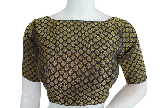 Black Color Brocade Silk Designer Boat Neck Readymade saree blouse with Potli Button , Indian Silk saree Readymade blouse - D3blouses