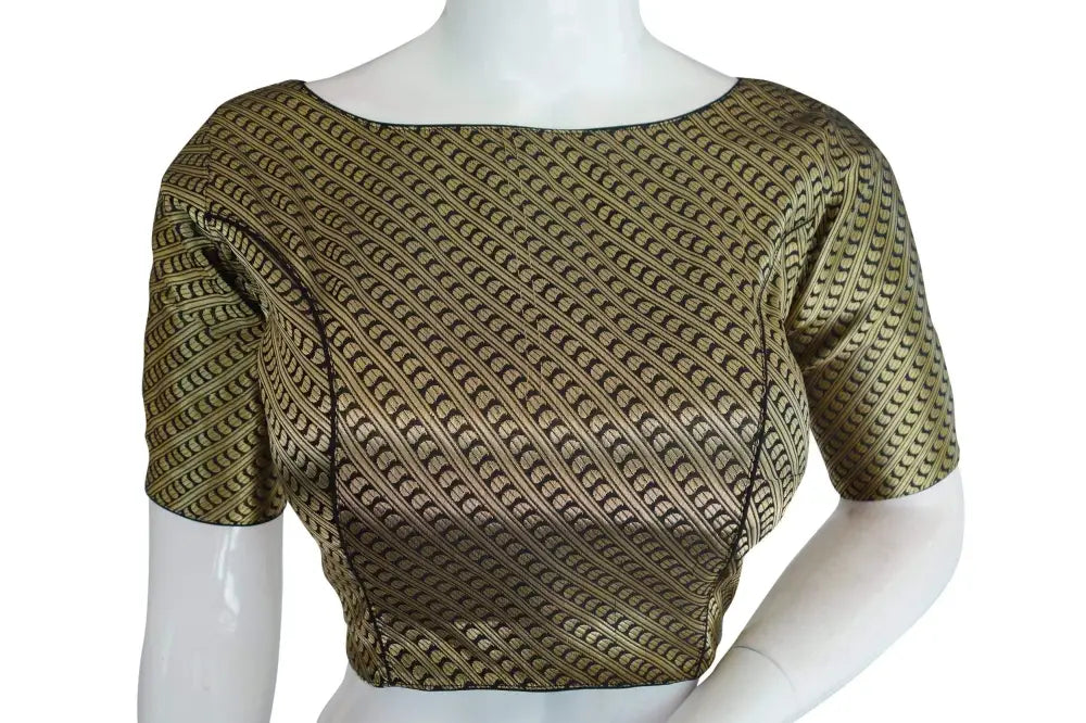 Black Color Brocade Silk Designer Boat Neck Readymade saree blouse with Potli Button , Indian Silk saree Readymade blouse - D3blouses