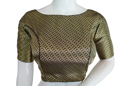 Black Color Brocade Silk Designer Boat Neck Readymade saree blouse with Potli Button , Indian Silk saree Readymade blouse - D3blouses