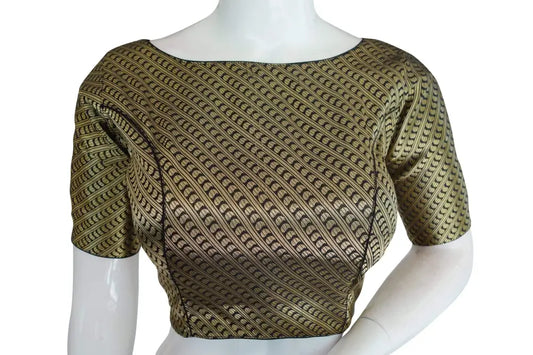 Black Color Brocade Silk Designer Boat Neck Readymade saree blouse with Potli Button , Indian Silk saree Readymade blouse - D3blouses