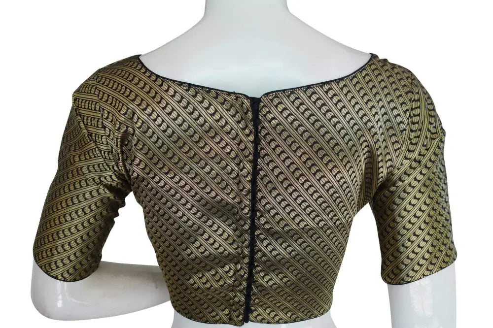 Black Color Brocade Silk Designer Boat Neck Readymade saree blouse with Potli Button , Indian Silk saree Readymade blouse - D3blouses