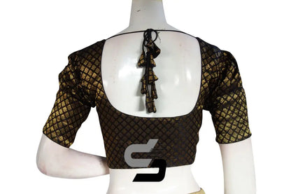 Black Color Brocade Silk Puff Sleeves Readymade Saree Blouse - D3blouses