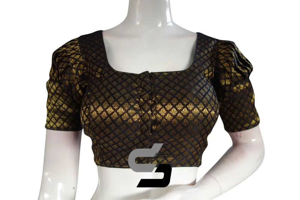 Black Color Brocade Silk Puff Sleeves Readymade Saree Blouse - D3blouses