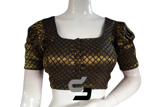 Black Color Brocade Silk Puff Sleeves Readymade Saree Blouse - D3blouses