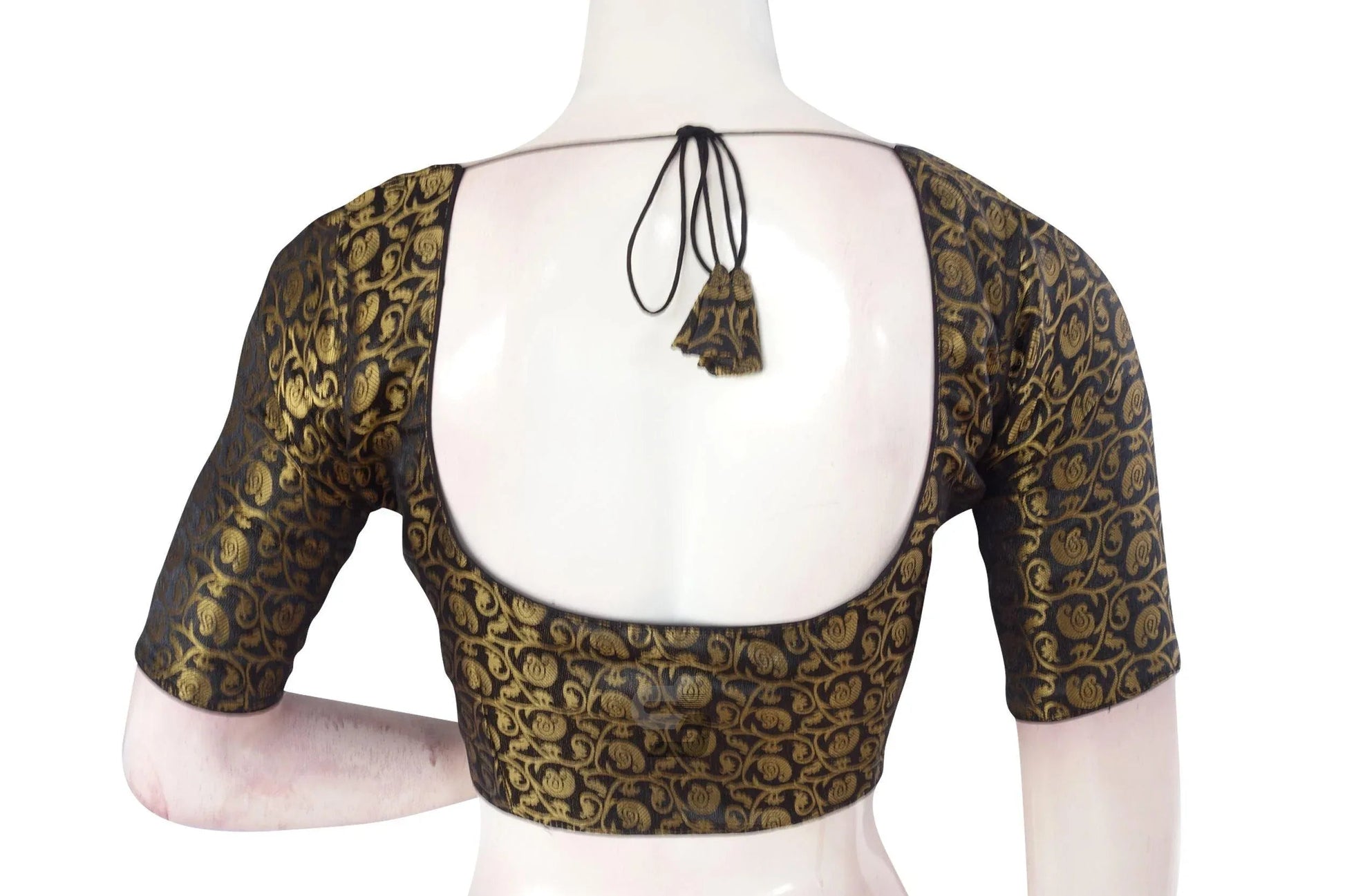 Black Color Brocade Silk Readymade Saree Blouse With Matching Mask - D3blouses