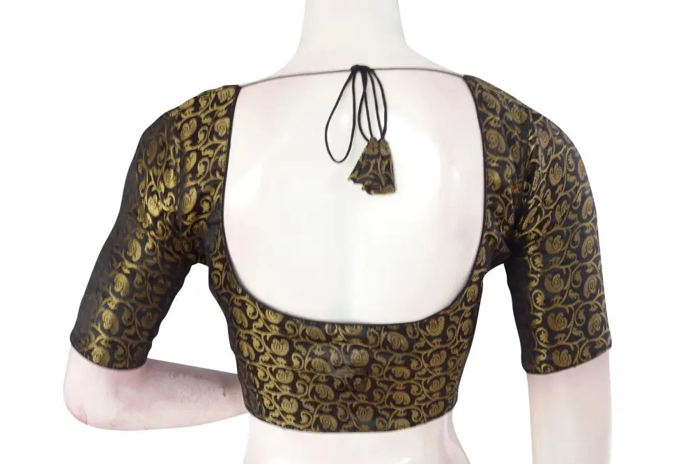 Black Color Brocade Silk Readymade Saree Blouse With Matching Mask - D3blouses