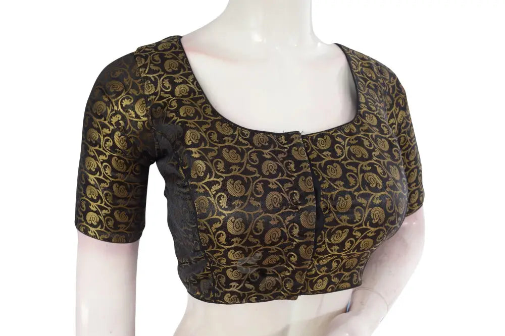 Black Color Brocade Silk Readymade Saree Blouse With Matching Mask - D3blouses
