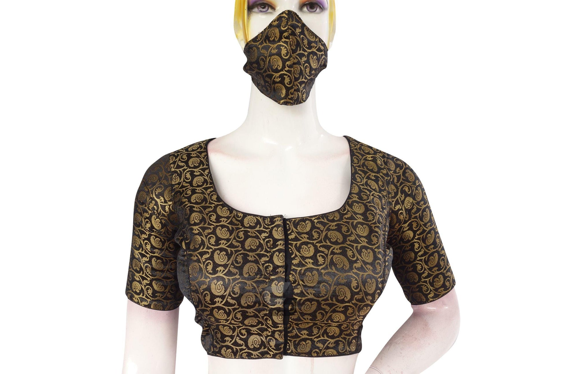 Black Color Brocade Silk Readymade Saree Blouse With Matching Mask - D3blouses