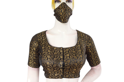 Black Color Brocade Silk Readymade Saree Blouse With Matching Mask - D3blouses
