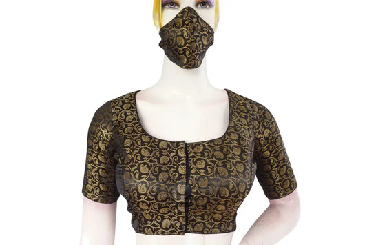 Black Color Brocade Silk Readymade Saree Blouse With Matching Mask - D3blouses