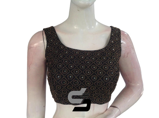Black Color Designer Sequins Embroidery Sleeveless Readymade Saree Blouse With Tassels - D3blouses