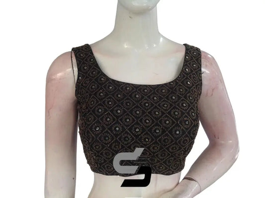 Black Color Designer Sequins Embroidery Sleeveless Readymade Saree Blouse With Tassels - D3blouses